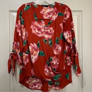 West Kei Medium Red Floral Faux Wrap Blouse O2